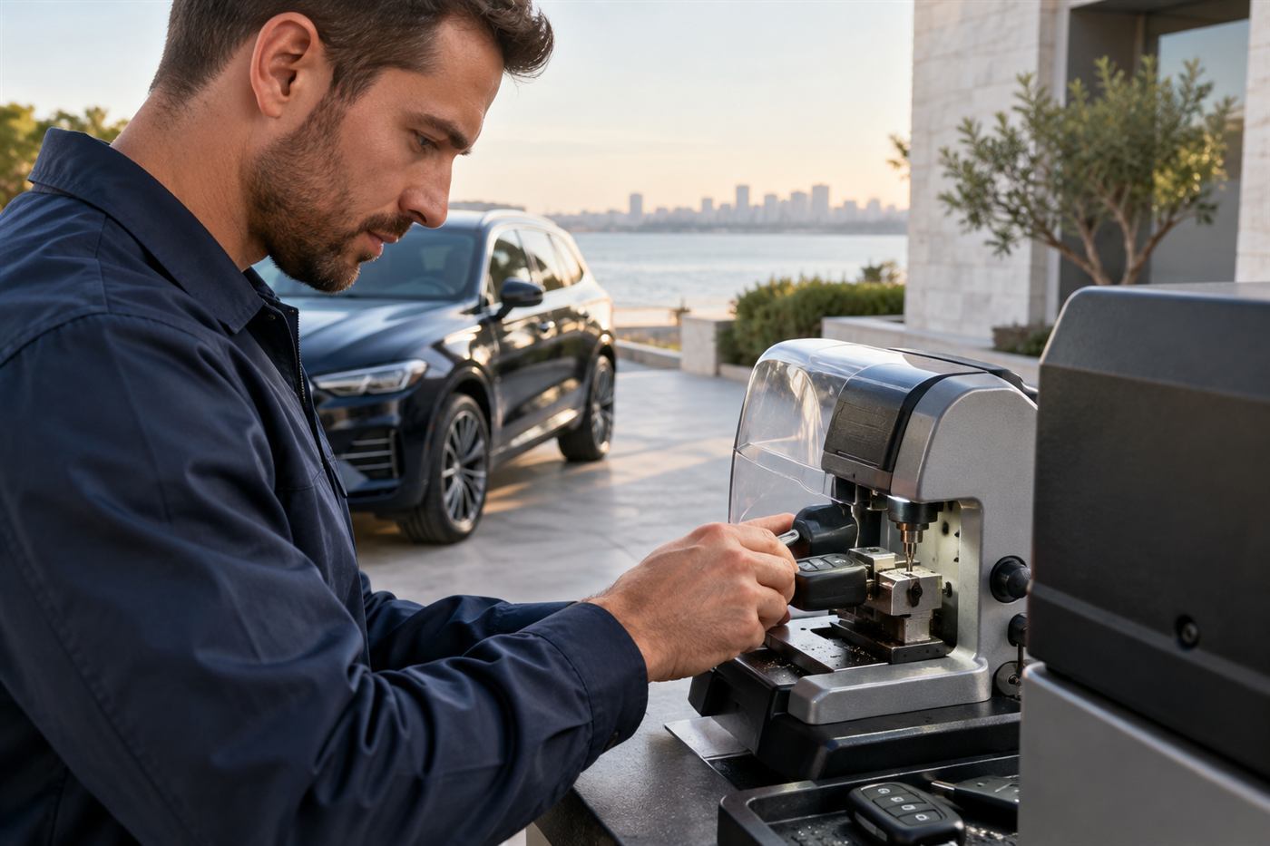 Locksmith programming a car key at the vehicle
