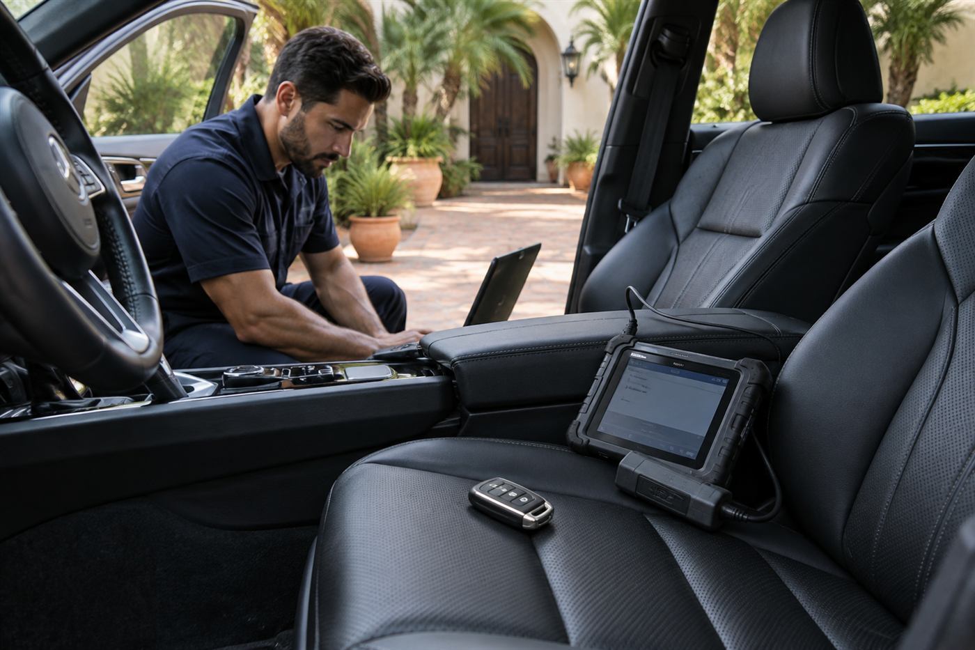 Locksmith programming a car key at the vehicle