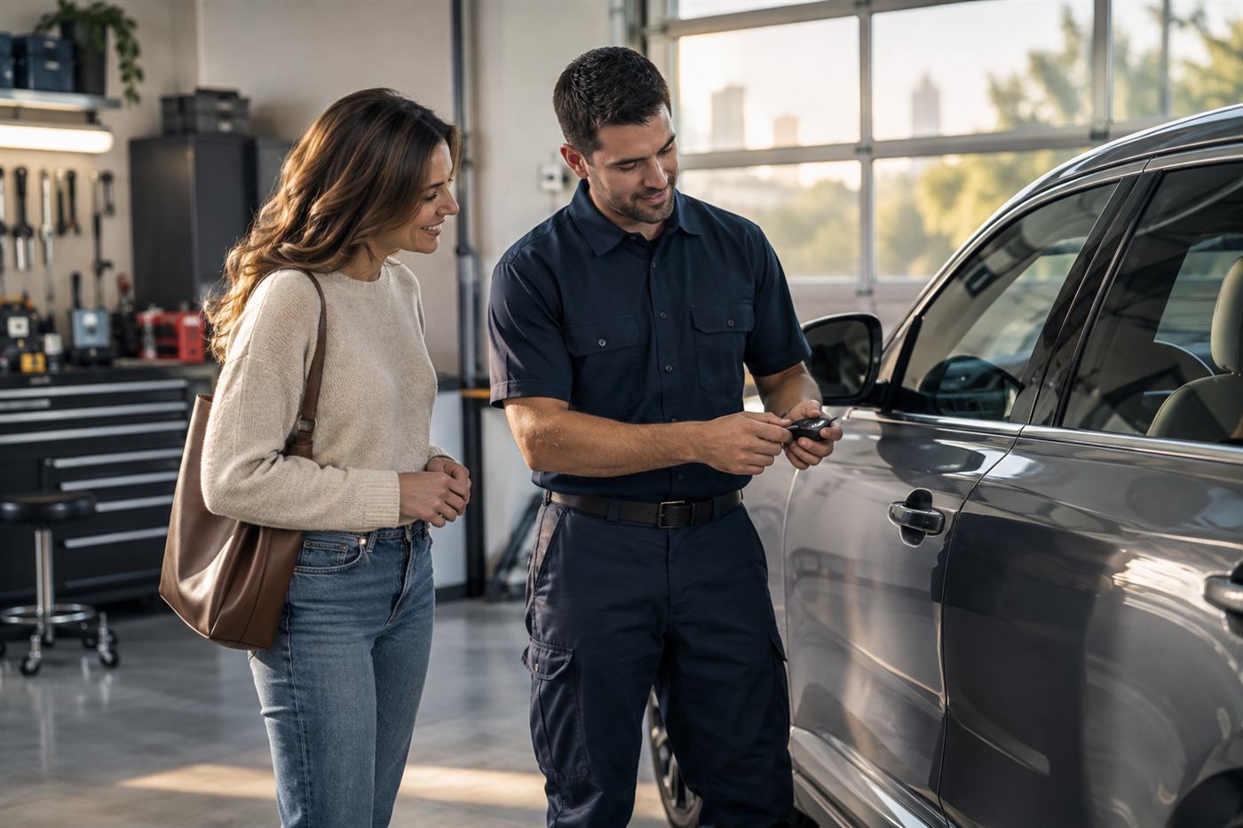 Locksmith programming a car key at the vehicle