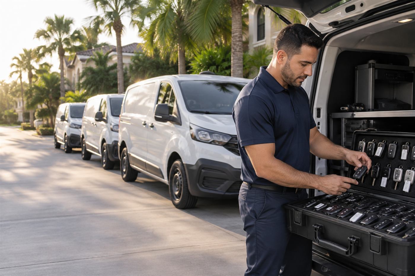Locksmith programming a car key at the vehicle
