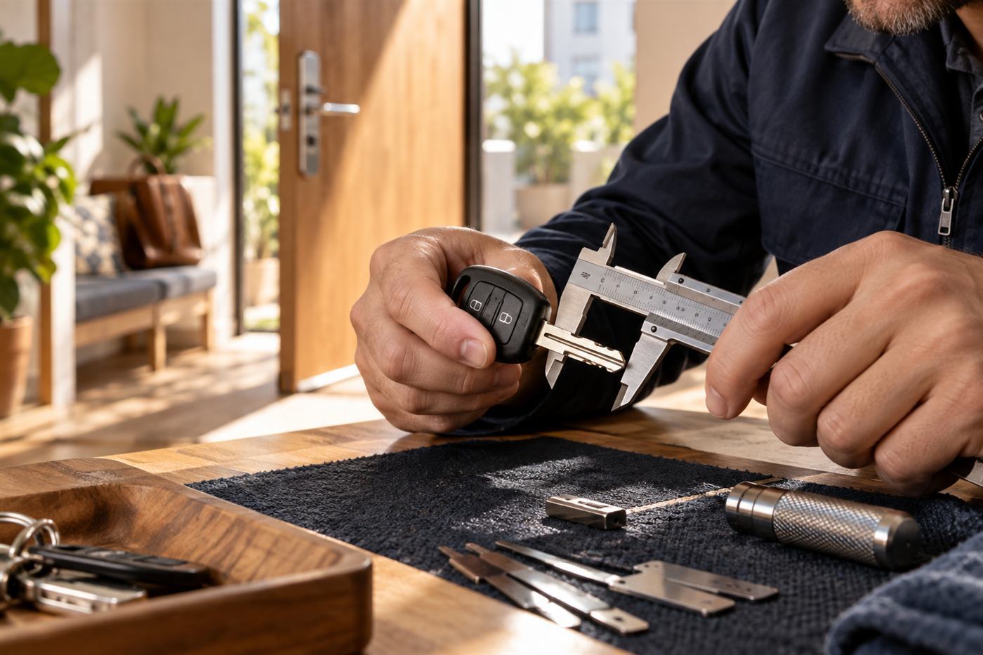 Locksmith programming a car key at the vehicle